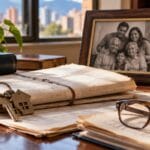 Llaves, escrituras y foto familiar sobre la mesa, símbolo del proceso de sucesión