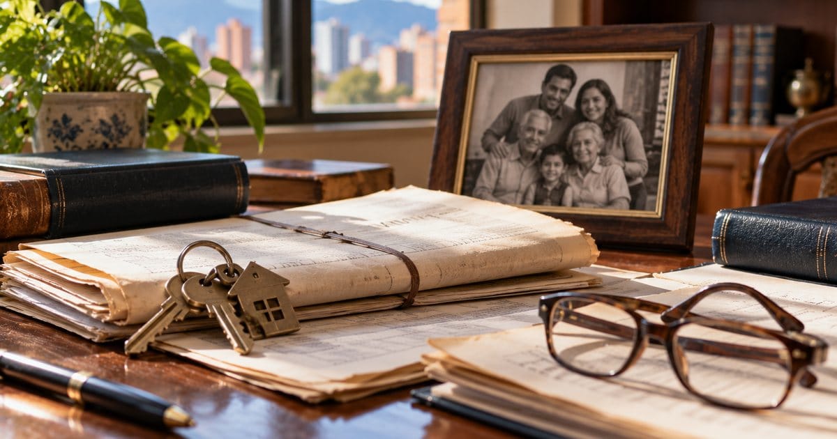 Llaves, escrituras y foto familiar sobre la mesa, símbolo del proceso de sucesión