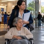 Hija acompaña a su madre en silla de ruedas con documentos para una tutela de salud