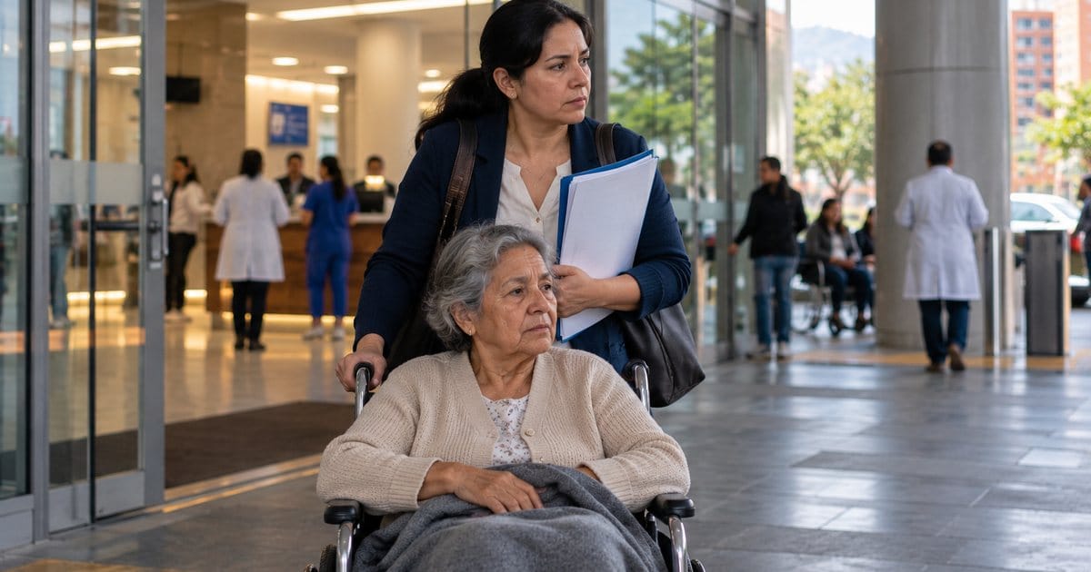 Hija acompaña a su madre en silla de ruedas con documentos para una tutela de salud