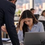 Empleada cabizbaja en su escritorio mientras un jefe la presiona, situación de acoso laboral