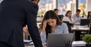 Empleada cabizbaja en su escritorio mientras un jefe la presiona, situación de acoso laboral