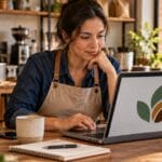 Emprendedora revisa el diseño de su logotipo para registrar su marca en Colombia