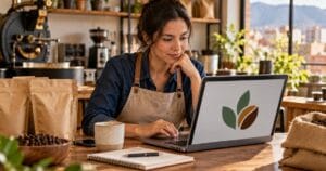 Emprendedora revisa el diseño de su logotipo para registrar su marca en Colombia