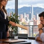 Gerente de recursos humanos entrega una carta de despido a un empleado en una sala de reuniones