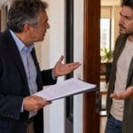 Propietario y arrendatario discuten en la puerta de un apartamento por incumplimiento del contrato