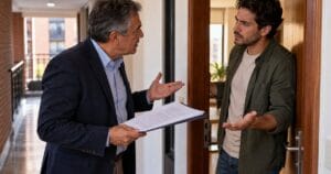 Propietario y arrendatario discuten en la puerta de un apartamento por incumplimiento del contrato