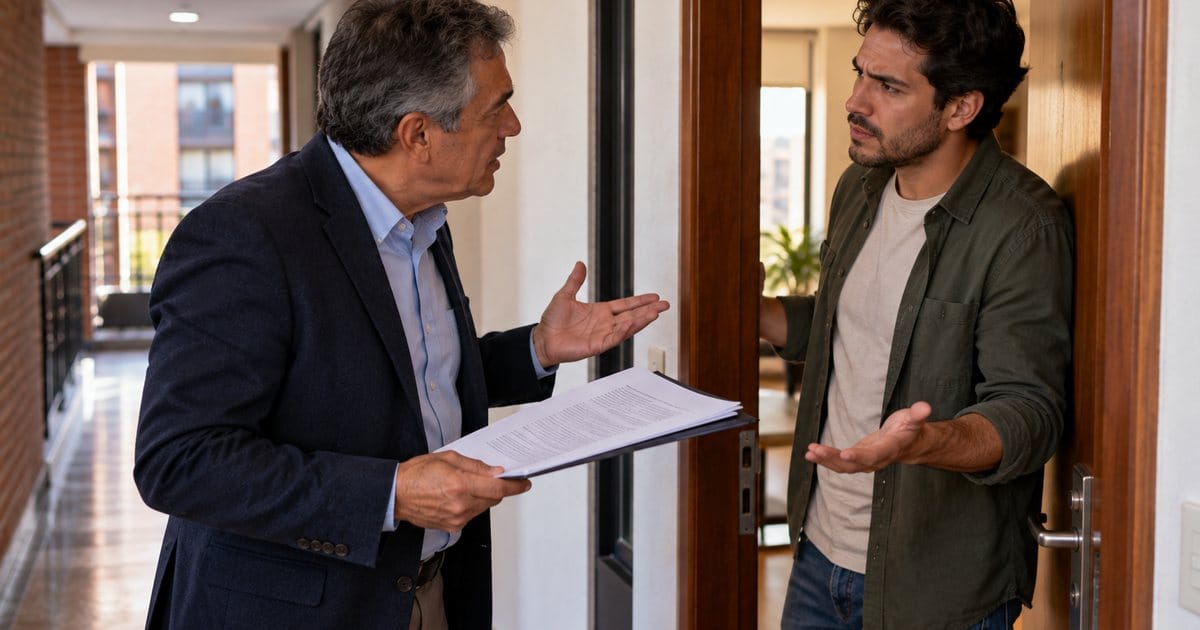 Propietario y arrendatario discuten en la puerta de un apartamento por incumplimiento del contrato