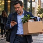 Hombre sale de su oficina con una caja de pertenencias tras un despido sin justa causa