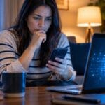 Mujer revisa con preocupación su celular ante un riesgo a sus datos personales, con un candado digital en el portátil