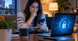 Mujer revisa con preocupación su celular ante un riesgo a sus datos personales, con un candado digital en el portátil