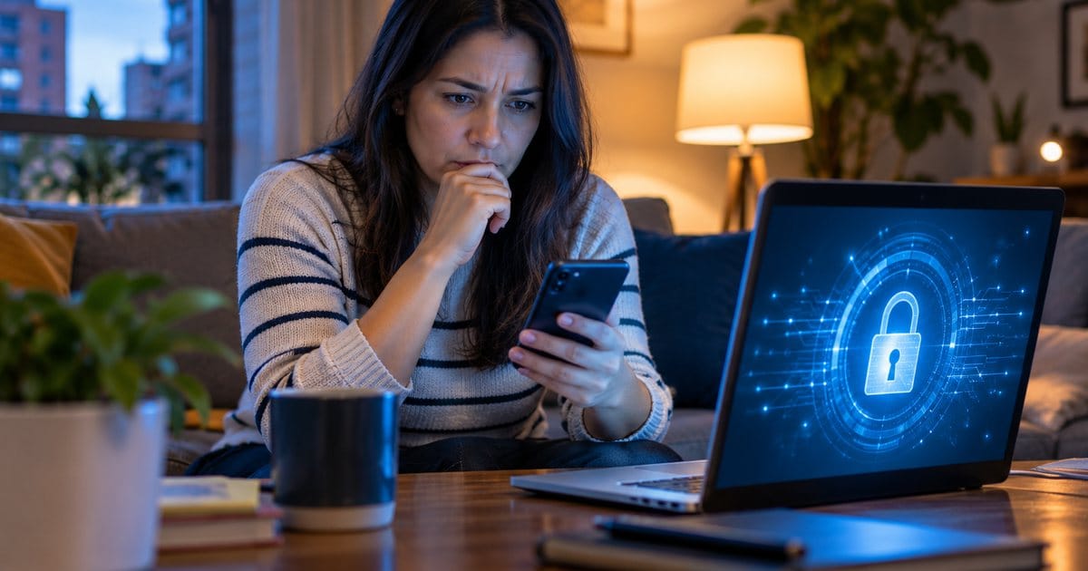 Mujer revisa con preocupación su celular ante un riesgo a sus datos personales, con un candado digital en el portátil
