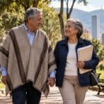 Pareja de adultos mayores camina por un parque de Bogotá, ilustración de la reforma pensional