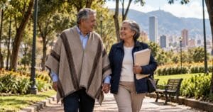 Pareja de adultos mayores camina por un parque de Bogotá, ilustración de la reforma pensional