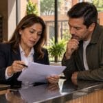 Administradora de un conjunto residencial en Bogotá revisa con un residente el estado de cuenta de cuotas en mora