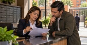 Administradora de un conjunto residencial en Bogotá revisa con un residente el estado de cuenta de cuotas en mora