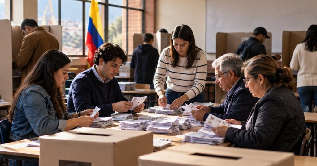 Jurados de votación cuentan tarjetones en un colegio de Bogotá durante las elecciones de 2026