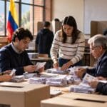 Jurados de votación cuentan tarjetones en un colegio de Bogotá durante las elecciones de 2026