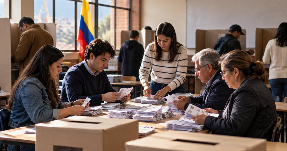Jurados de votación cuentan tarjetones en un colegio de Bogotá durante las elecciones de 2026