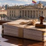 Expediente archivado de la reforma tributaria sobre un escritorio con el Capitolio Nacional de Bogotá al fondo