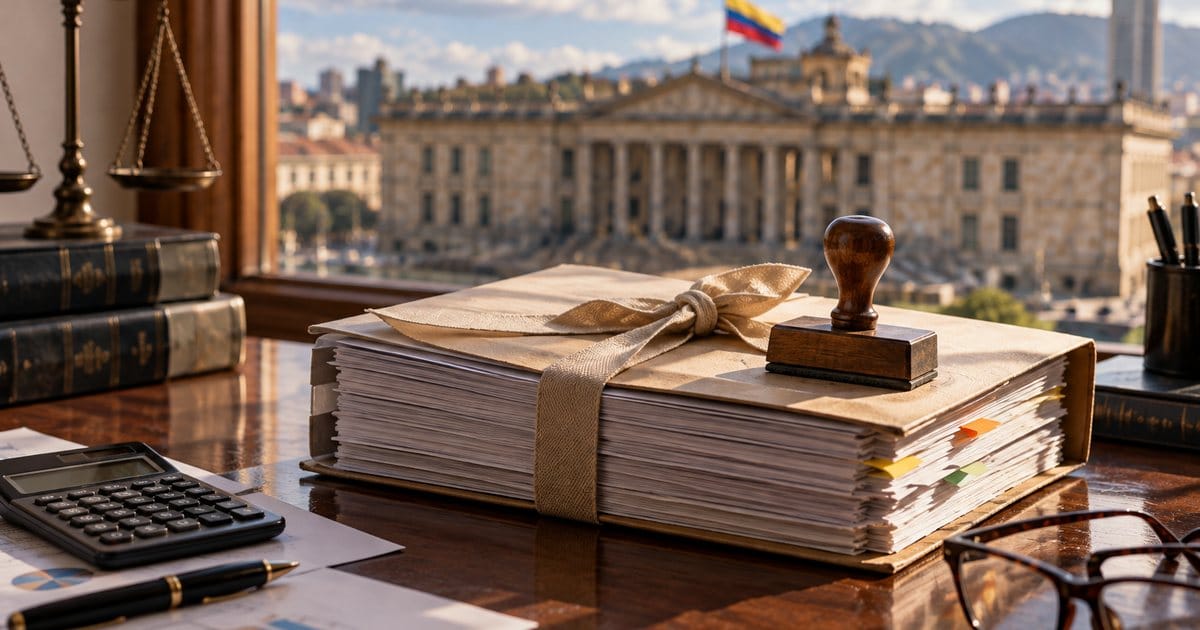 Expediente archivado de la reforma tributaria sobre un escritorio con el Capitolio Nacional de Bogotá al fondo