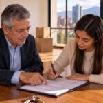 Arrendador y arrendataria firman la renovación del contrato de arrendamiento en un apartamento de Bogotá