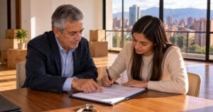Arrendador y arrendataria firman la renovación del contrato de arrendamiento en un apartamento de Bogotá