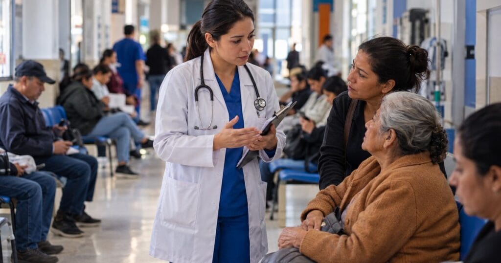 Médica conversa con una paciente en un hospital público mientras avanza la reforma a la salud en el Senado