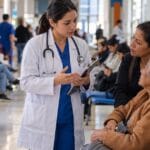 Médica conversa con una paciente en un hospital público mientras avanza la reforma a la salud en el Senado
