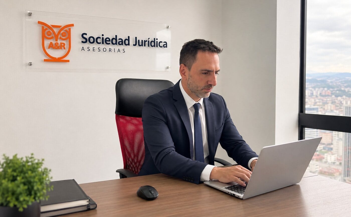 Abogado de A&R Sociedad Jurídica trabajando en su computador frente al logo de la firma
