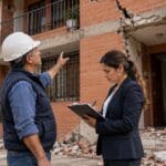 Propietario y abogada revisan las grietas de una casa de ladrillo afectada por el sismo de 2026 en Colombia