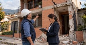 Propietario y abogada revisan las grietas de una casa de ladrillo afectada por el sismo de 2026 en Colombia