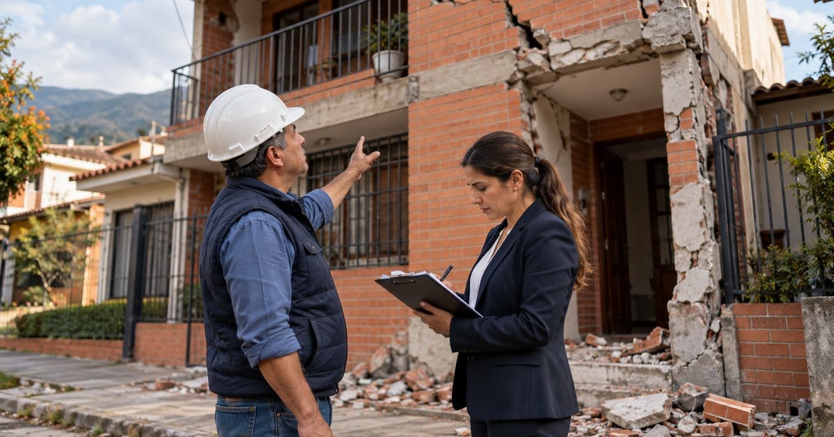 Propietario y abogada revisan las grietas de una casa de ladrillo afectada por el sismo de 2026 en Colombia
