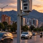 Cámara de fotodetección sobre una avenida de Bogotá al atardecer, relacionada con las fotomultas de 2026
