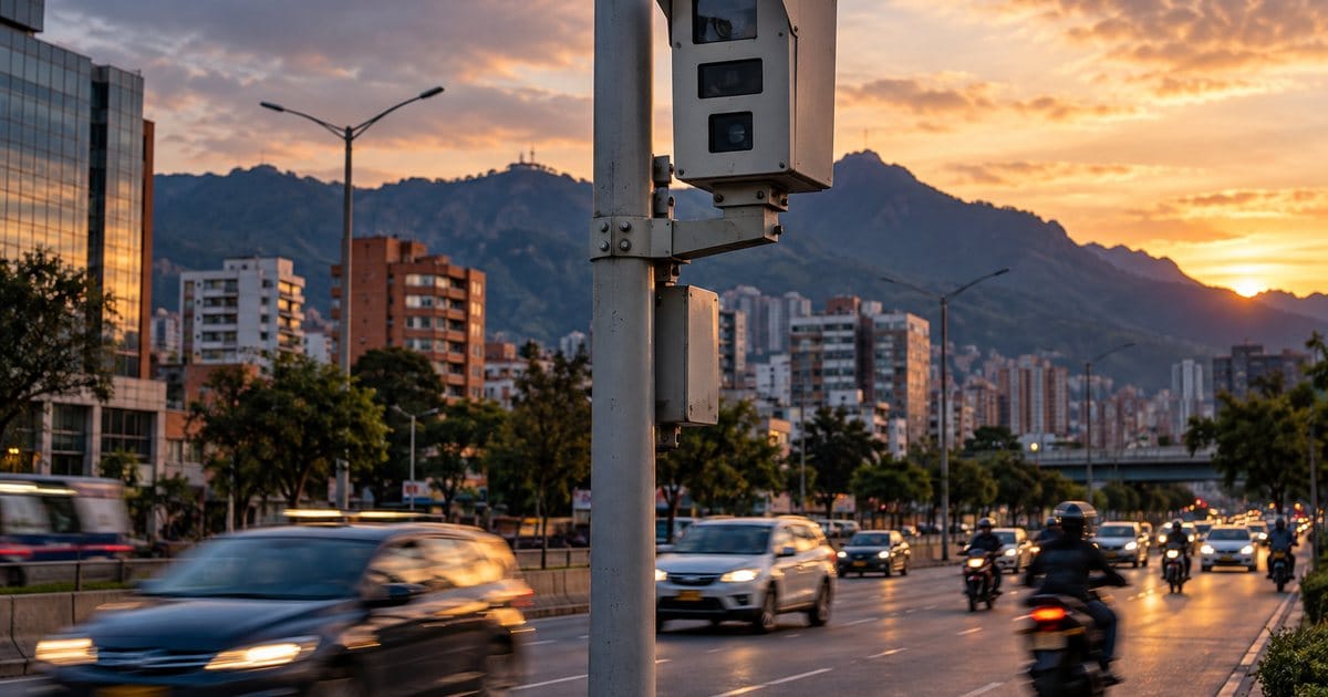 Cámara de fotodetección sobre una avenida de Bogotá al atardecer, relacionada con las fotomultas de 2026