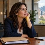 Mujer en Bogotá con documentos de divorcio unilateral y su anillo de matrimonio sobre la mesa