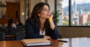 Mujer en Bogotá con documentos de divorcio unilateral y su anillo de matrimonio sobre la mesa